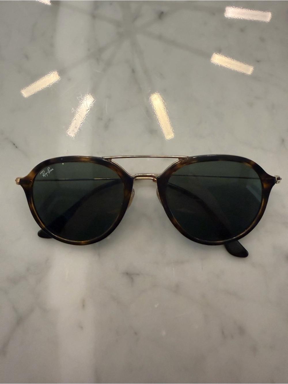Ray-Ban Tortoiseshell Frame Sunglasses with Green Lenses and Gold Bridge
